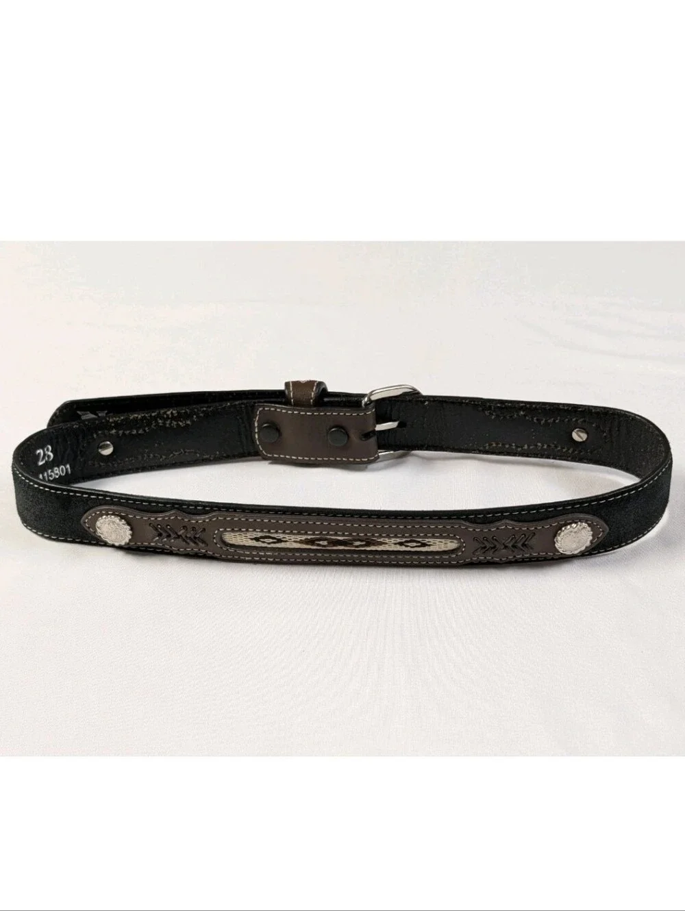 Nocona Belt Size 28 Brown Black Leather Western Woven Aztec Inlay Silver Concho